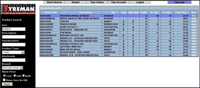 Tyreman B2B system showing Tyre label information