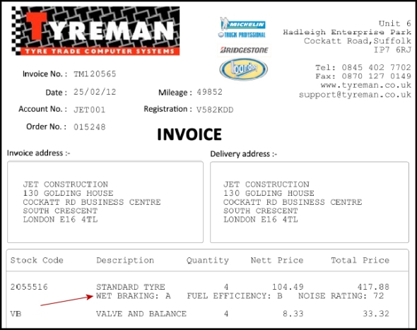 Example Tyreman Invoice with Label information printed