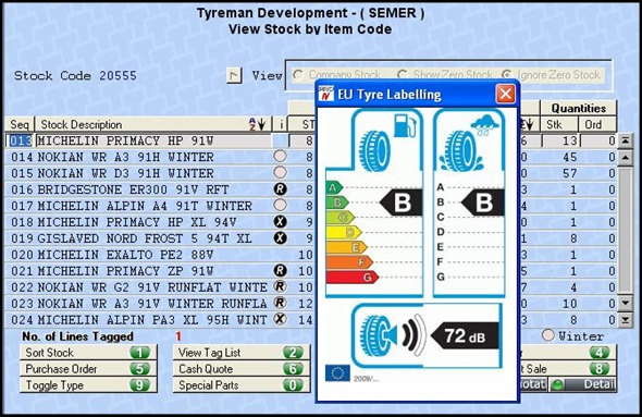 Tyreman view stock option showing Tyre label